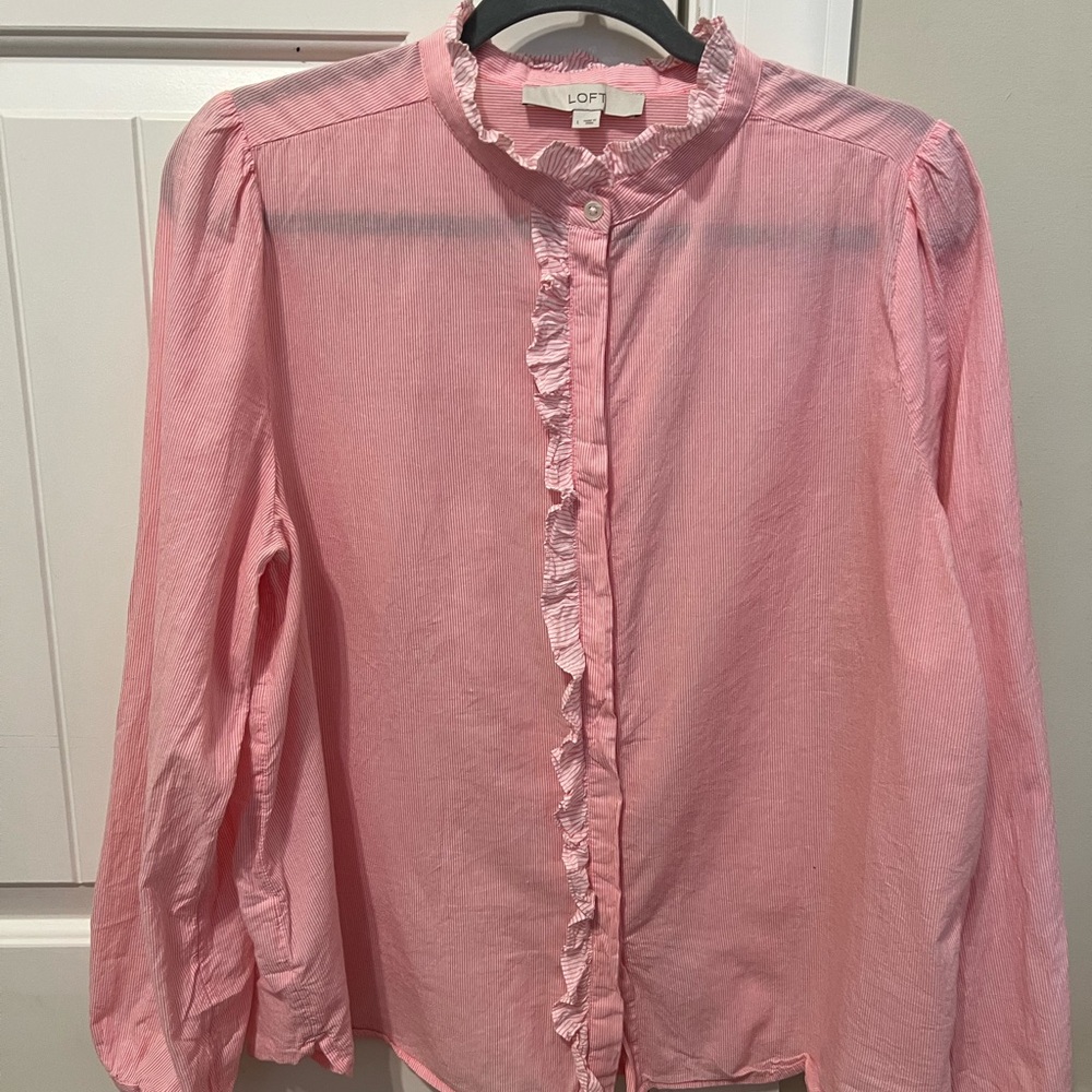 LOFT Pink Ruffle Button Down Shirt